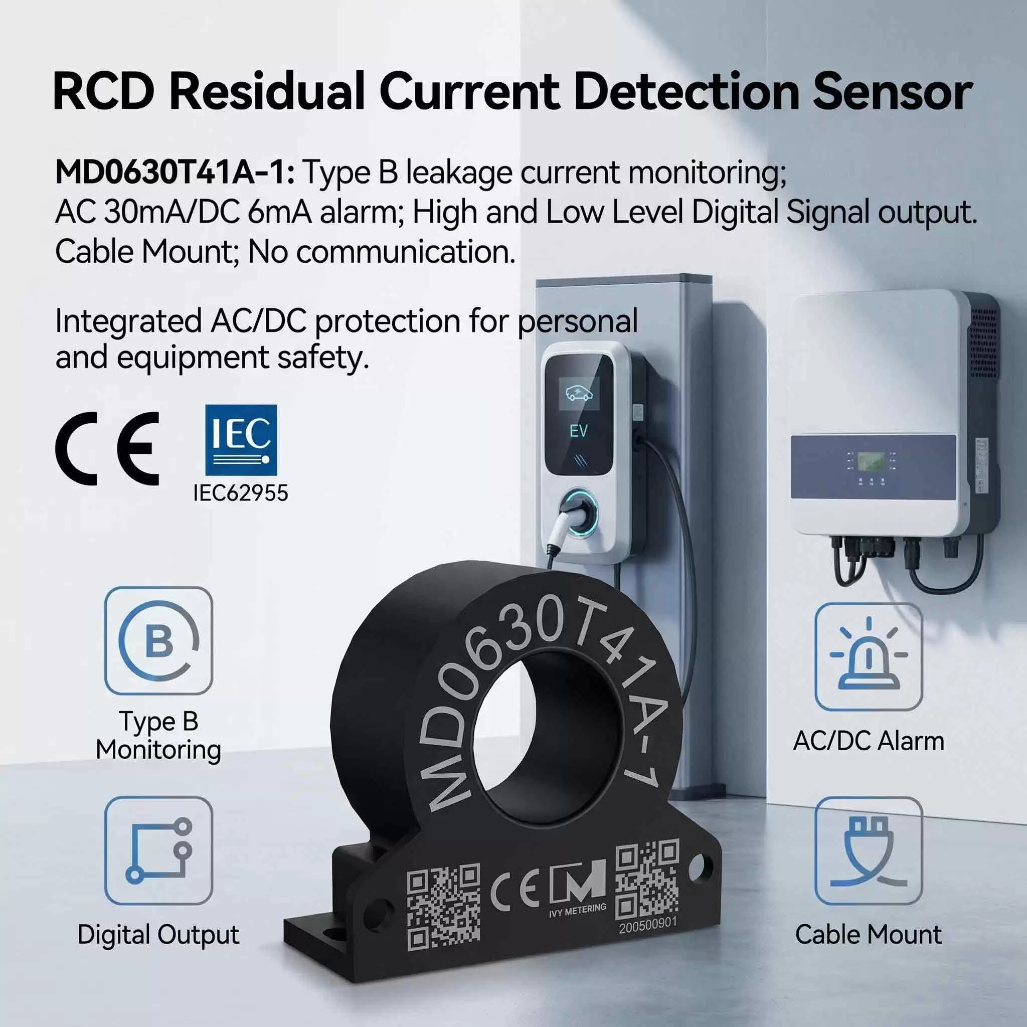 Sensor RCD tipo B para Punto de Carga V2C